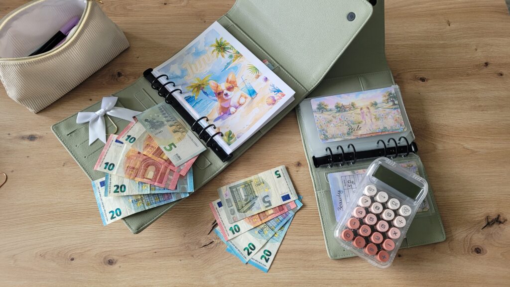 Offener A6 Binder für die Umschlagmethode mit beschrifteten Zippertaschen für eine strukturierte Budgetplanung