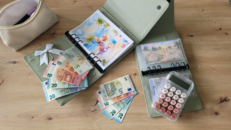 Offener A6 Binder für die Umschlagmethode mit beschrifteten Zippertaschen für eine strukturierte Budgetplanung