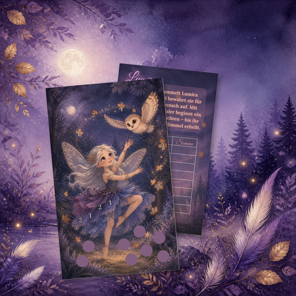 Violette Nachtelfe mit Eule unter dem Vollmond auf der gedruckten Lumira Sparchallenge Einheftchallenge mit Rubbelfeldern